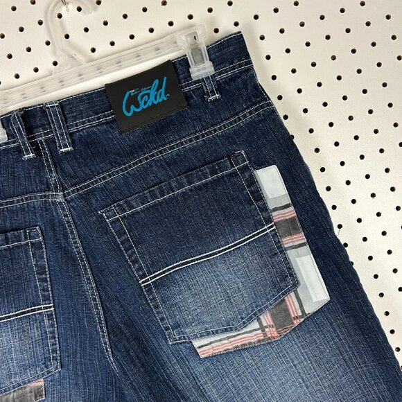Wckd y2K Baggy Jean Shorts Size 42 Wide Leg Embroidered Blue Jorts 16" Inseam - Picture 2 of 6